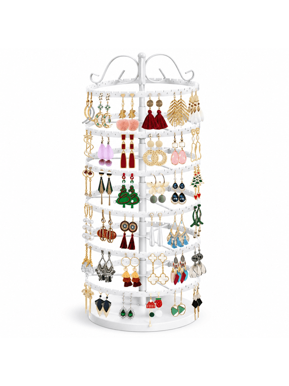6 Tier Rotating Earring Holder Organizer Stand,Adjustable Metal Display Tree Rack for Women,480 Hole and Groove Large Storage for Pierced Stud Dangle Hoop,Compact for Small Dresser,White