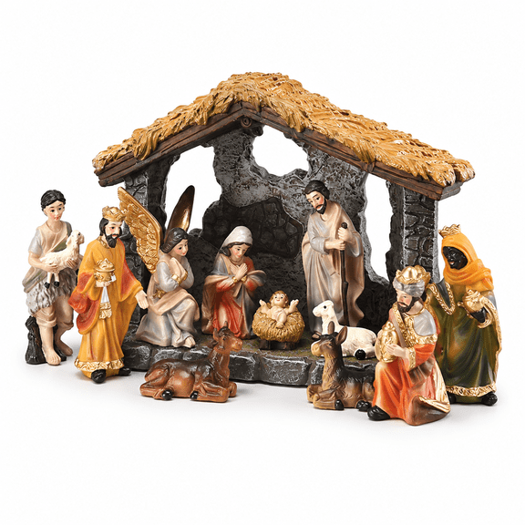 FURVENA Colorful Religious Jesus Nativity Scene Set,11-Piece Resin Christmas Crib Figures for Home Tabletop Decor,Christmas Nativity Scene Holiday Gift