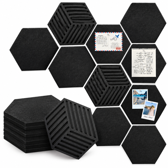 FURVENA Hexagon Large Cork Bulletin Board Tiles,Peel and Stick Felt Wall Panels for Message Center,Picture and Prayer Board for Office,Dorm,Room and Desk Decor(Black)