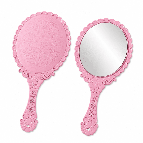 FURVENA Vintage Hand Mirror,Cute Handheld Makeup Mirror Vanity Hand Mirrors with Handle Elegant Embossed Flower Princess Mirrors for Women Party Face Makeup,Pink