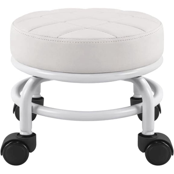 FURWOO Low Roller Seat PU Leather Rolling Stool Step Stool Mechanic Stool on Wheels for Home Office Garage Shop White