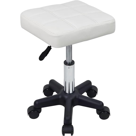 FURWOO Square Swivel Stool with Wheels PU Leahter Rolling Stool Height Adjustable Stool for Spa Salon Massage White