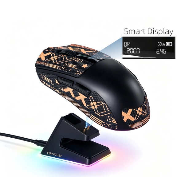 FURYCUBE Smart Display Wireless Gaming Mouse with RGB Charging Dock, Rechargeable Lightweight Mouse, 12000 DPI, BT/2.4G/USB-C 3-Mode Connection for PC Laptop Gaming