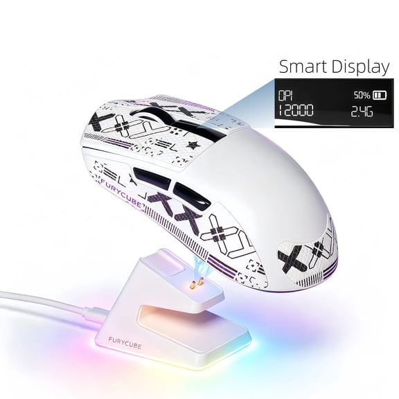 FURYCUBE Wireless Gaming Mouse with RGB Charging Dock, Smart Display Rechargeable Mouse, Lightweight 59g Design, 12000 DPI Sensor, BT/2.4G/USB-C Connection for PC Laptop Gaming