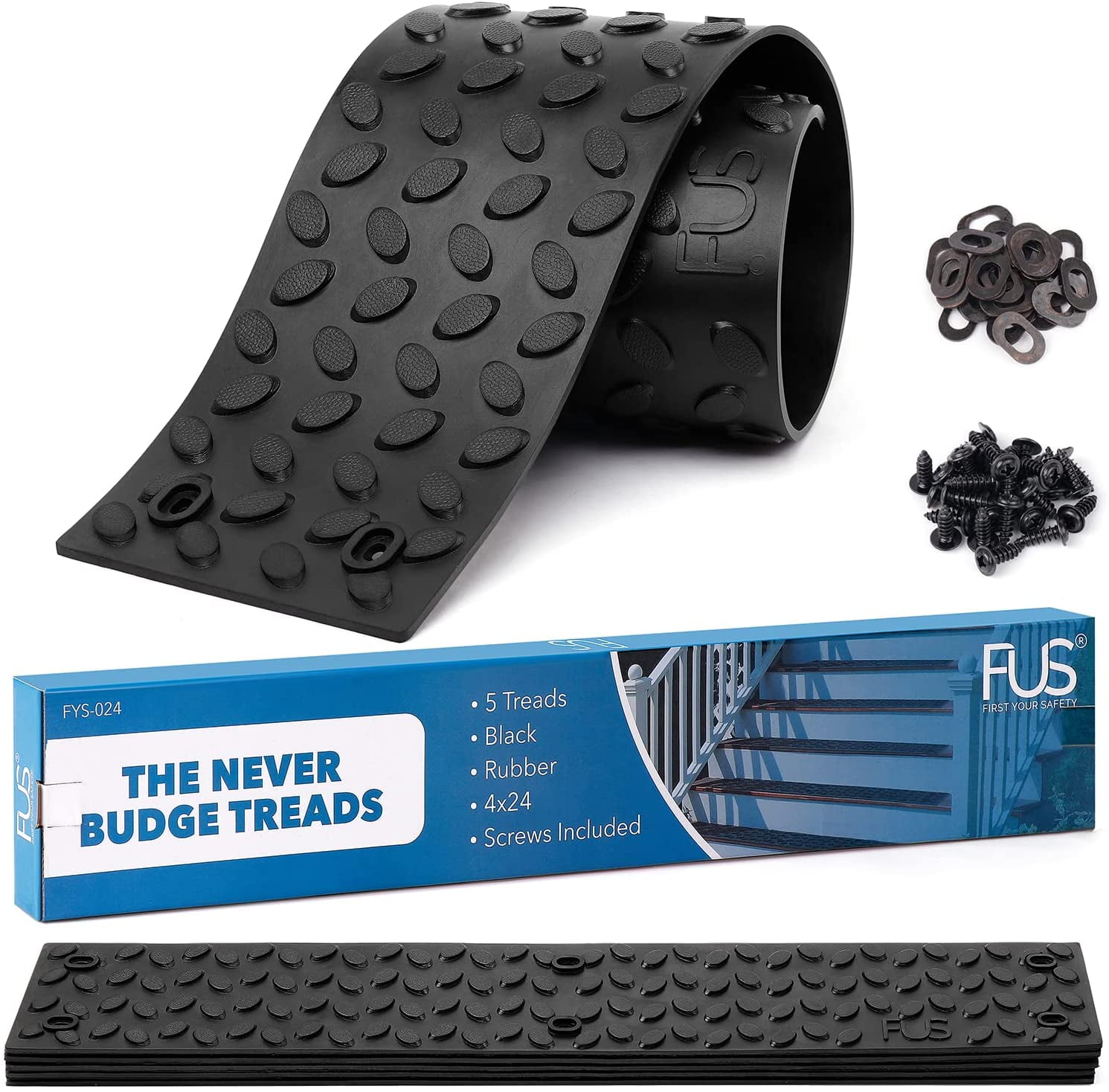 FUS Outdoor Rubber Stair Treads 4" x 24" inch Heavy Duty Textured Non-Slip Strips