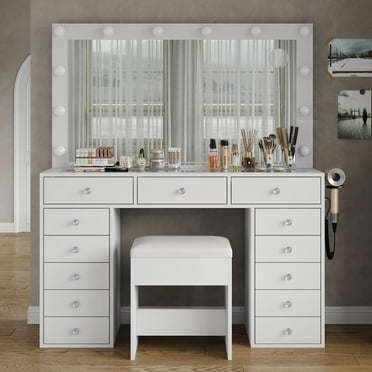 13 Drawers Vanity Desk, Makeup Vanity with Power Outlet, Vanity Table with Mirror and LED Bulbs, 3 Color Lighting Modes, Glass Top, Dressing Table for Bedroom