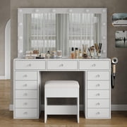 Yanosaku Vanity Desk with 13 Drawers, Glass Top, LED Lighting, Mirror, and Power Outlet