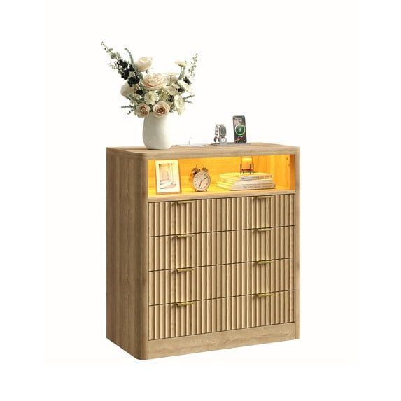 4 Drawer Storage Dresser with LED Lights & USB Charging Station Modern Farmhouse Chest of Drawers for Bedroom, Living Room or Hallway, Oak