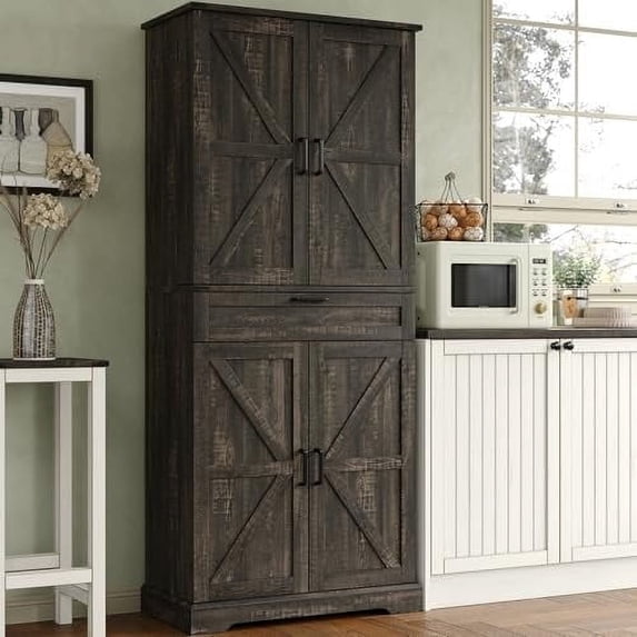 72'' Kitchen Storage Pantry Cabinet, Tall Storage Cabinet with 8 Door Shelves, 2 Cabinets and 1 Drawer, Freestanding Cupboard for Kitchen, Dining Room, Bathroom, Laundry