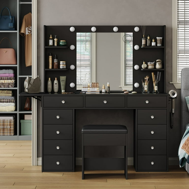 Yanosaku Vanity Stool with Hidden Storage, Adjustable Lighting