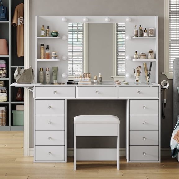 Yanosaku Vanity Desk with Storage, Lighted Mirror, Adjustable Lighting, Glass Top, Vanity Set with Stool