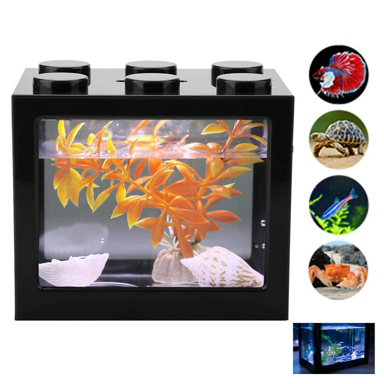 FUSSWIND Small Fish Tank, Mini Aquarium Starter Tank Kit with LED Light  Building Blocks Fish Tank Desktop Decor 