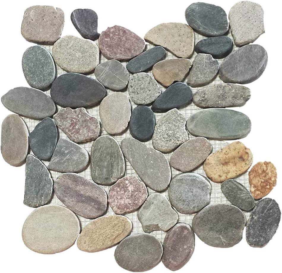 FUSTONE Marble Tiles Interlocking Pebble Decorative Tiles Natrual River Rock Stone Tile(10-Sheets) Kitchen Floor Bathroom Patio Stones FP107-10