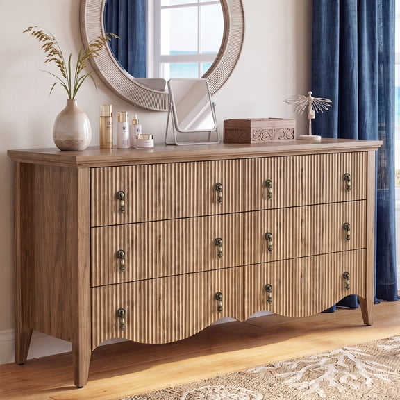 FUSUNBAO 6-Drawer Fluted Dresser,52" Wide,Maple Oak