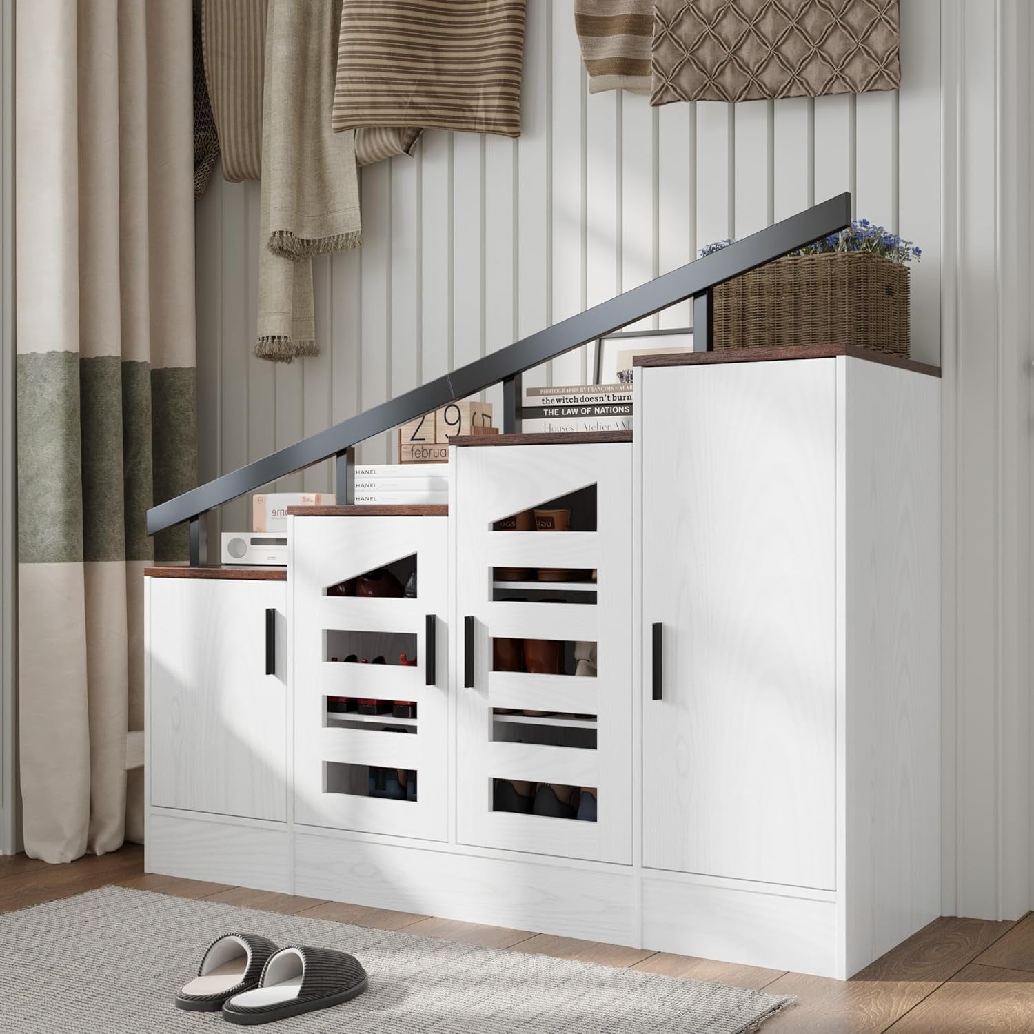 FUSUNBAO Farmhouse Hidden Shoe Cabinet with Doors – Wooden Shoe Storage ...