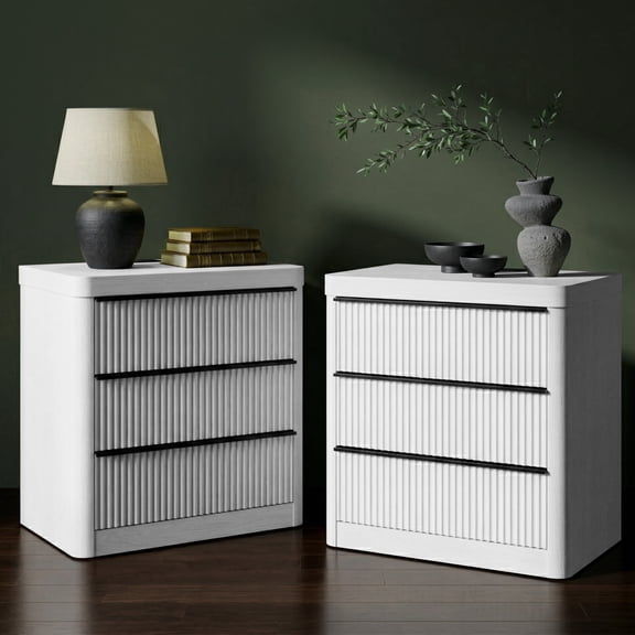 FUSUNBAO Fluted Nightstand Set of 2 with Charging Station,White Oak