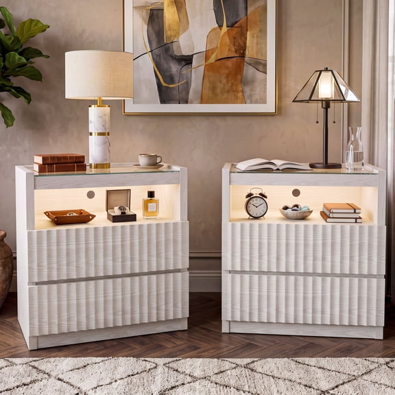 FUSUNBAO NightStand Set of 2 with Charging Station,Fluted 2 Drawers Bedside