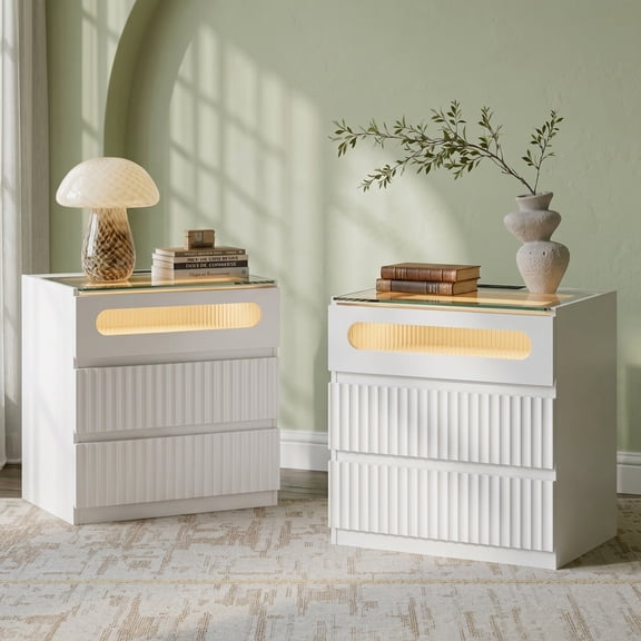 FUSUNBAO NightStand Set of 2 with Charging Station,Fluted 3 Drawers Bedside,White,White Oak Finish