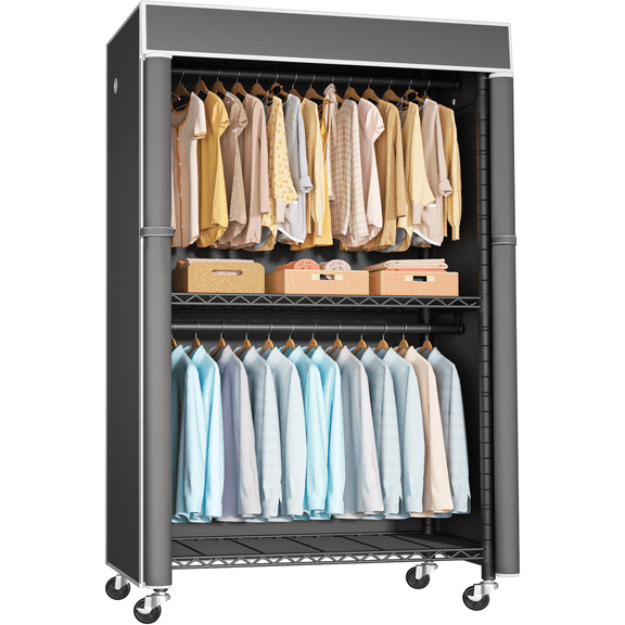Heavy Duty Portable Closet with Cover, Rolling Garment Rack on Wheels (450 Lbs Load), Extra Tall 80.5" Metal Clothing Rack Wardrobe for Long Dresses, Dark Gray