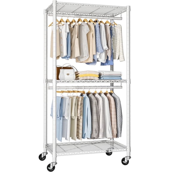 FUTASSI P1 Medium Garment Rack,Heavy-Duty Portable Closet, Clothes Rack with Shelves and Double Rods, Rolling Clothing Rack for Hanging Clothes,30"W x 14"D x 76"H, White