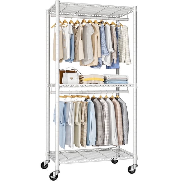 FUTASSI P1 Medium Garment Rack,Heavy-Duty Portable Closet, Clothes Rack with Shelves and Double Rods, Rolling Clothing Rack for Hanging Clothes,30"W x 14"D x 76"H, White