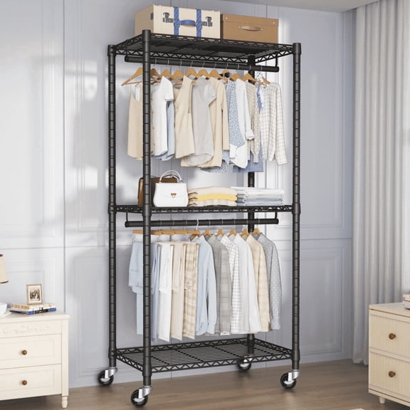 FUTASSI P1 Medium Garment Rack, Heavy-Duty Portable Closet with Shelves and Double Rods, Rolling for Hanging Clothes, 30"W x 14"D x 76"H, Black