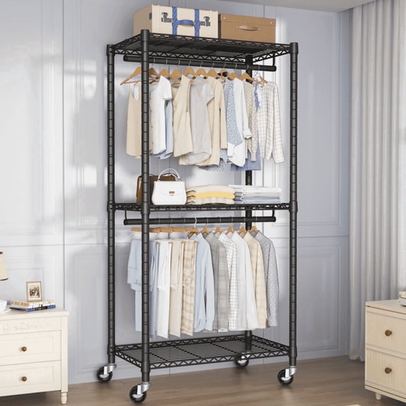 FUTASSI P1 Medium Garment Rack, Heavy-Duty Portable Closet with Shelves and Double Rods, Rolling for Hanging Clothes, 30"W x 14"D x 76"H, Black