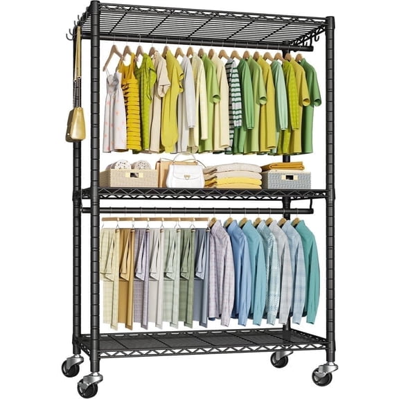 FUTASSI Heavy Duty Garment Rack with Wheels and Double Rods for Hanging Clothes, for Bedroom, Dorm Room, Apartment, Black