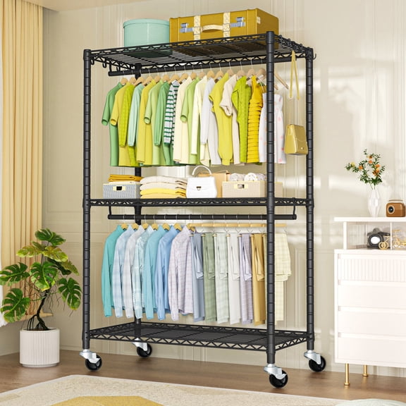 FUTASSI Rolling Clothes Rack, Heavy Duty Garment Rack with Wheels, Clothing Rack for Hanging Clothes, 45" W x 14" D x 78.5" H, for Bedroom, Dorm Room, Apartment, Black