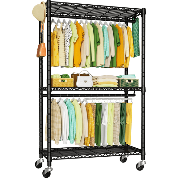 FUTASSI Heavy Duty Clothes Rack with Wheels Adjustable Shelves and Double Rods for Hanging Clothes, Black