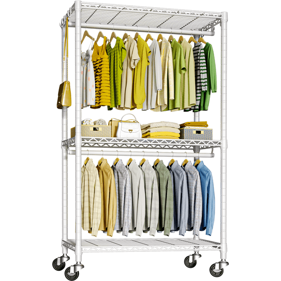 FUTASSI Heavy Duty Clothes Rack with Wheels Adjustable Shelves and Double Rods for Hanging Clothes, White