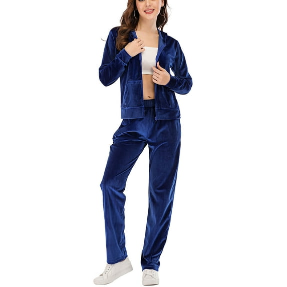 FUTATA Women's Velour Tracksuit Outfits Joggers Set Long Sleeve Hooded and Sweatpants 2 Piece Velour Sweatsuits Set Blue S