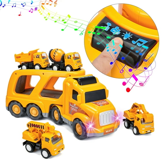 FUTATA Cartoon Transport Truck with Sound and Light Friction Power Toy Car Construction Truck Toys Set Gift for 3 4 5 6 Years Old Toddlers Kids Boys and Girls