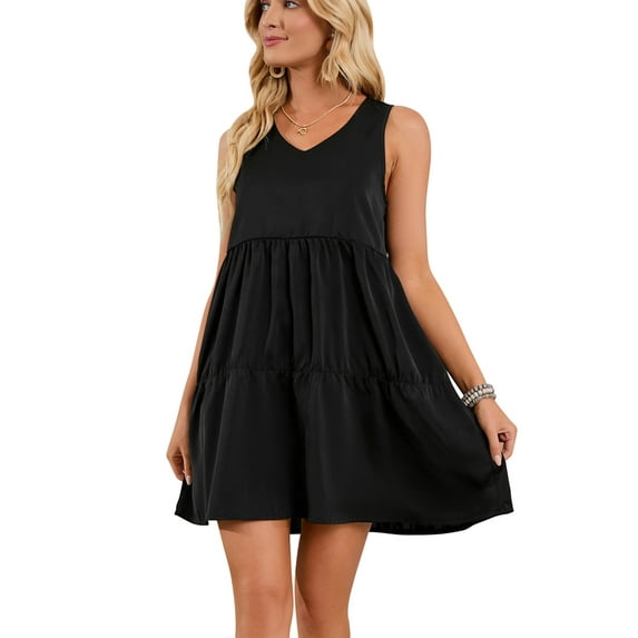 FUTATA Fashion Tunic Shift Dresses For Women Sleeveless Summer Dress Casual Swing T-Shirt Tank Dresses V Neck Pleated Ruffle Hem Mini Dress