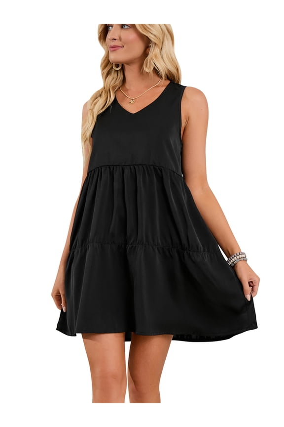 Fashion Tunic Shift Dresses For Women Sleeveless Summer Dress Casual Swing T-Shirt Tank Dresses V Neck Pleated Ruffle Hem Mini Dress