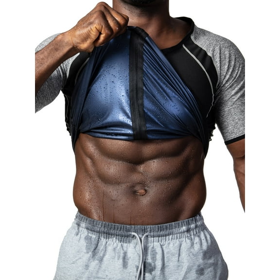 FUTATA Men's Sauna Shirt Sweat Workout Shirt Weight Loss Slimming Training Short Sleeve Sweat Body Shaper with Zipper Gray