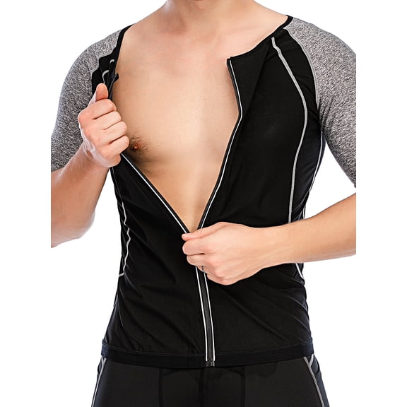 FUTATA Men's Weight Loss Sauna Shirt Workout Shirt Hot Sweat Suit Sweat Body Shaper Polymer Sweat Zipper Short Sleeve