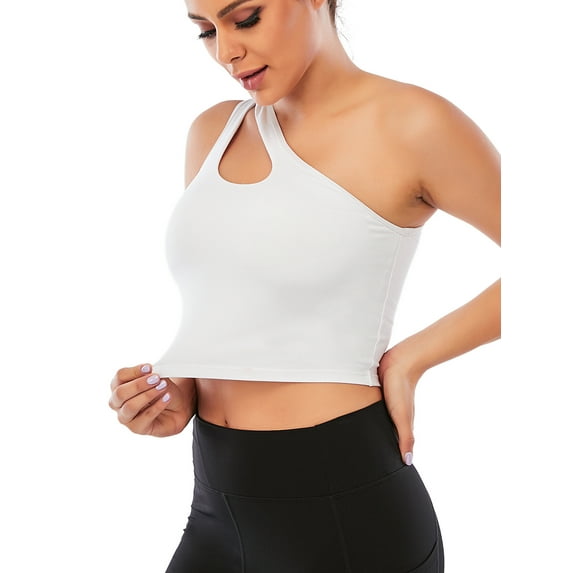 FUTATA Wirefree Sports Bras For Women Padded Medium Support Yoga Push Up Bras One Shoulder Activewear Tank Tops For Workout Running Gym,Size XS-XL