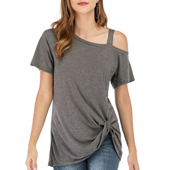 FUTATA Women's Casual Cold Shoulder T-Shirt Summer Short Sleeve Tunic Tops Front Knot Side Twist Blouses Dark Grey