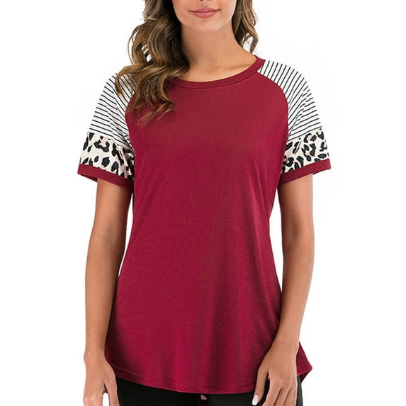 FUTATA Women's Short Sleeve T-Shirts Leopard Color Block Tunic Comfy Stripe Crewneck T Shirt Top Wine Red
