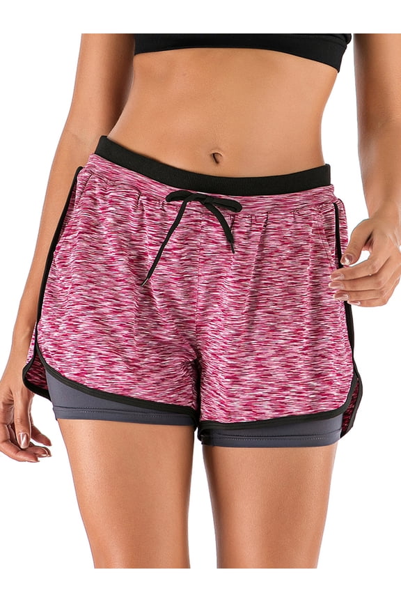 Women's Double Layer Yoga Shorts, Gym Workout Sports Running Shorts, Stretch Waist Sports Shorts With Pockets