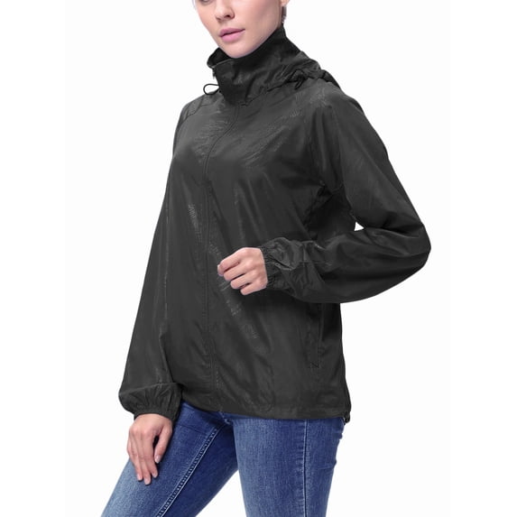FUTATA Women's / Men's Lightweight Rain Jacket Packable Windbreaker Jacket Waterproof Outdoor Hooded Windbreaker with Pocket Black L