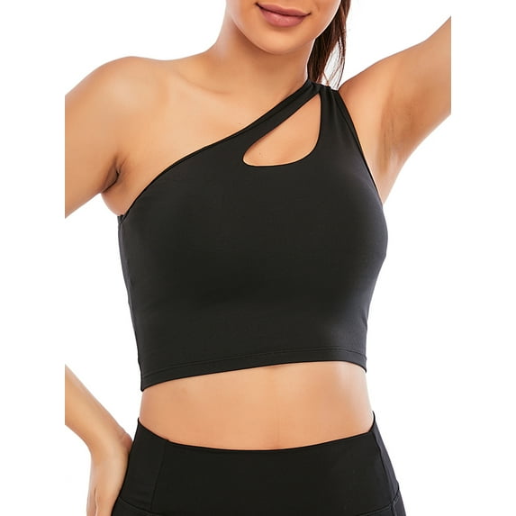 FUTATA Women's Sexy Cutout One Shoulder Sports Bra Workout Yoga Bra, Fitness Stretch Bra Workout Yoga Sports Bra Medium Support, Black/White