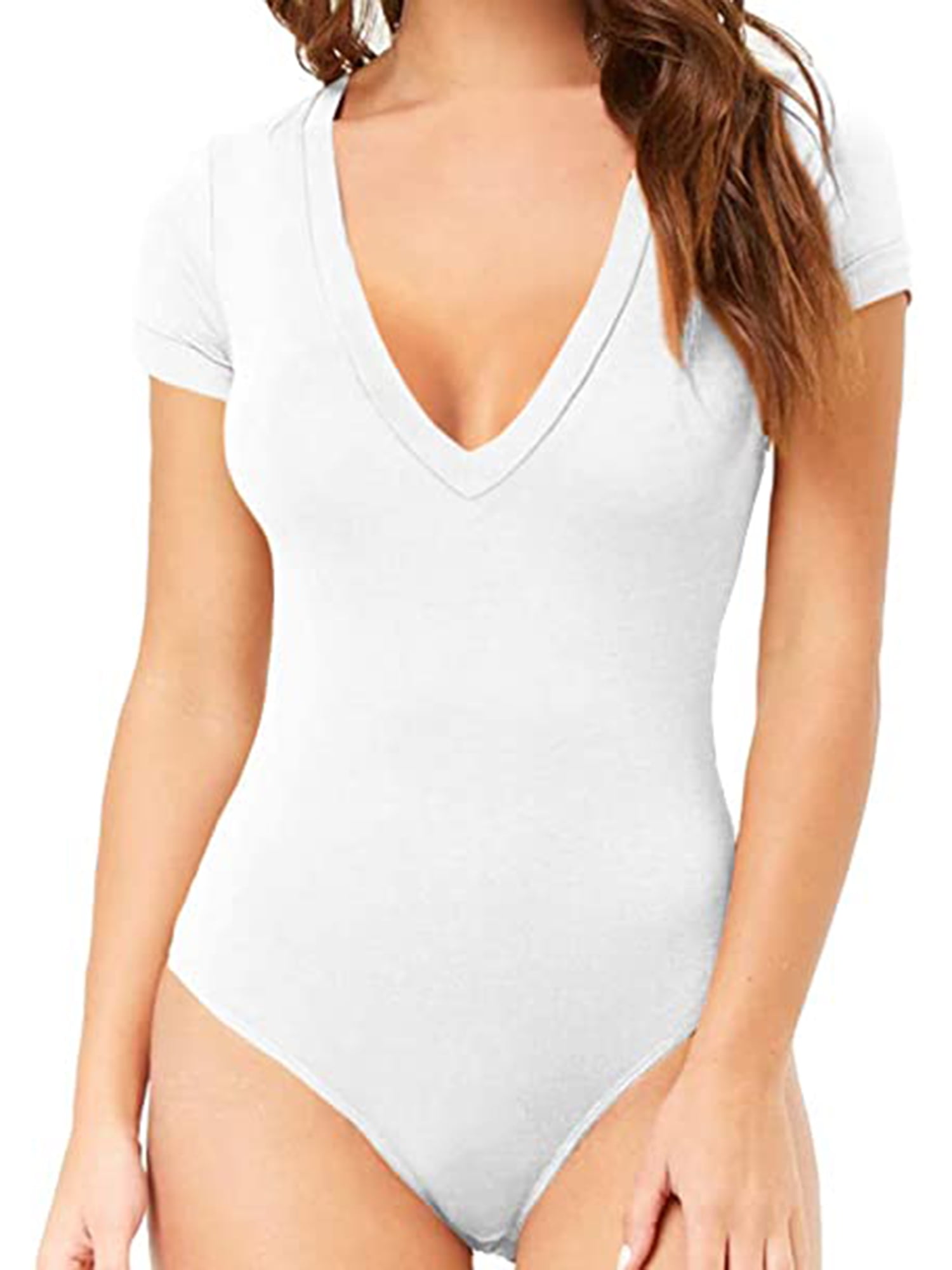 White Short Sleeve V Neck Bodysuit | PANTEE | SilkFred