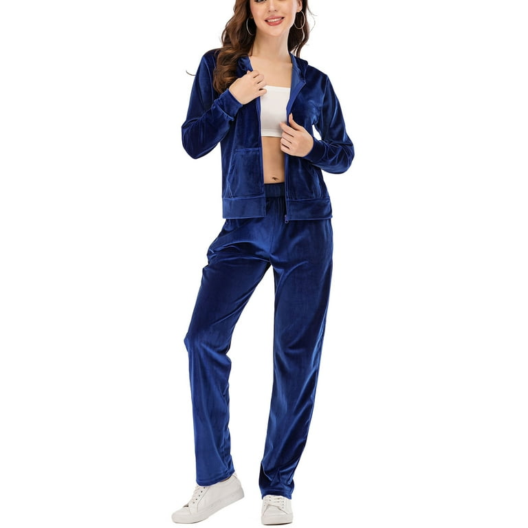 FUTATA Women s Velour Tracksuit 2 Pieces Joggers Outfits Sweatshirt Sweatpants Soft Velour Sweatsuits Blue M Walmart