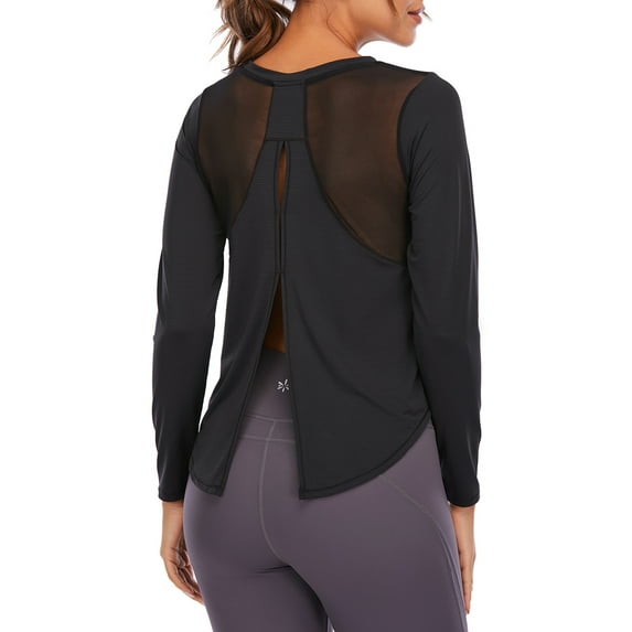 FUTATA Womens Long Sleeve Workout Shirts Open Back Yoga Tops Stretch Long Sleeve Workout Tops Quick Dry Running Shirts Black M