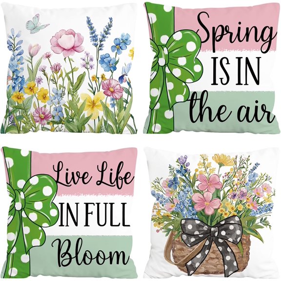 FUTBU Spring Floral Throw Pillow Covers 18x18 Inch Set of 4,Spring is in The Air Cushion Case, Live Life in Full Bloom Holiday Decoration for Sofa Couch