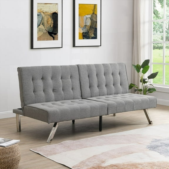 FUTON SOFA BED WITH WOOD FRAME AND STAINLESS LEGS, GREY FOR ANY ROOM
