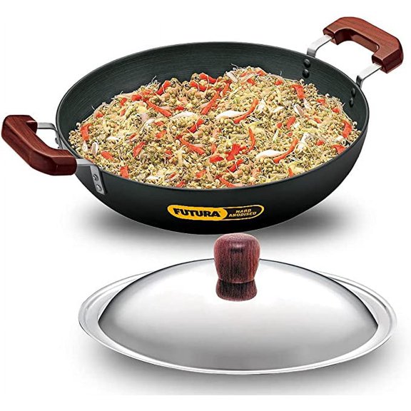 FUTURA Hard Anodised Deep-Fry Pan(Kadhai) 7-1/2-Litre with Steel Lid and Flat Bottom