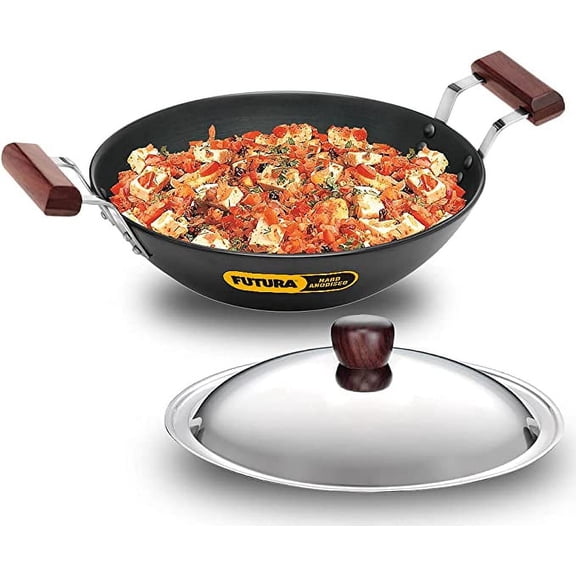FUTURA IL23 Induction Compatible Hard Anodised Flat Bottom Deep Fry Pan / Kadhai with Steel Lid, 2.5 Liter